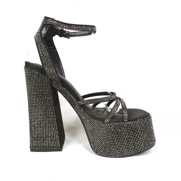 Zara Rhinestone Chunky High Heeled Platform Sandals Black & Silver Size 6 - Picture 1 of 12